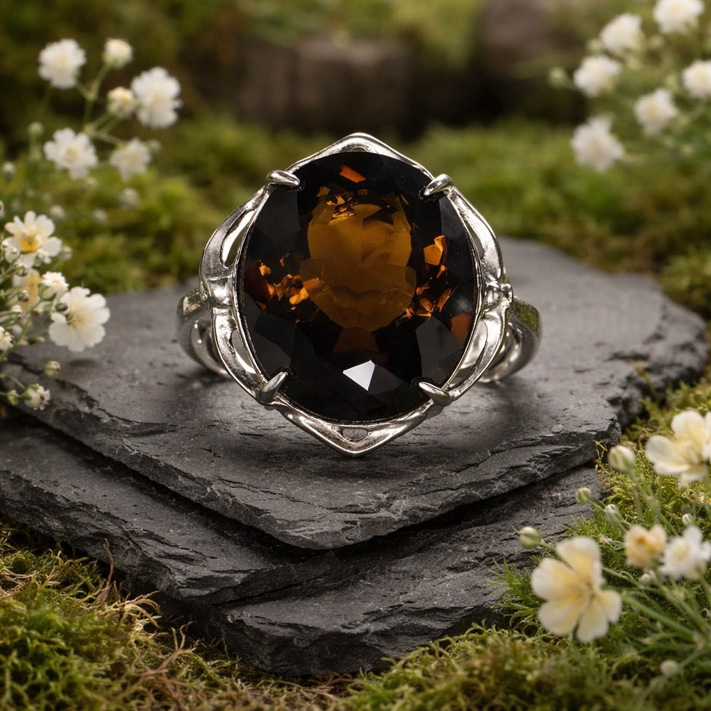 Smoky Quartz Ring • Large Faceted Oval • 925 Sterling Silver with Gift Box