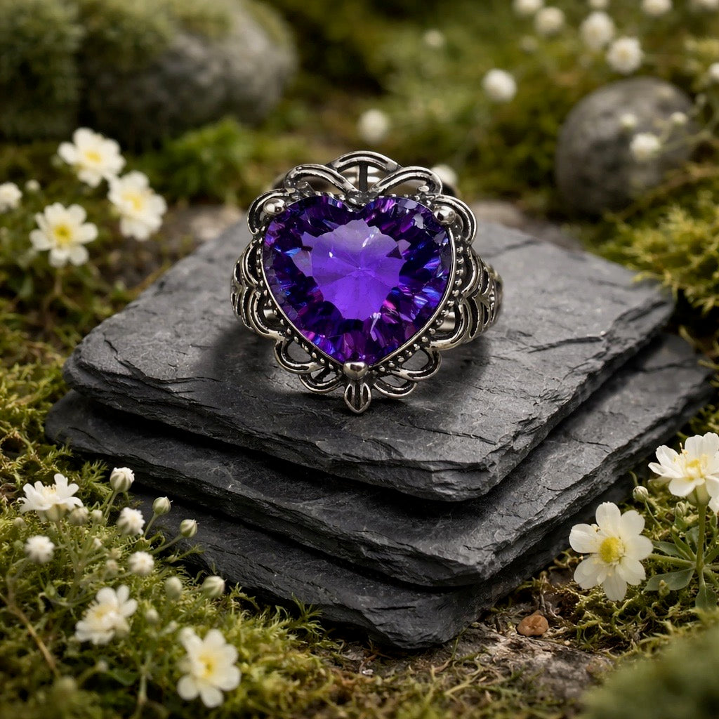 Ornate Heart Ring with Faceted Amethyst Gemstone • 925 Sterling Silver • Adjustable • Gift Box