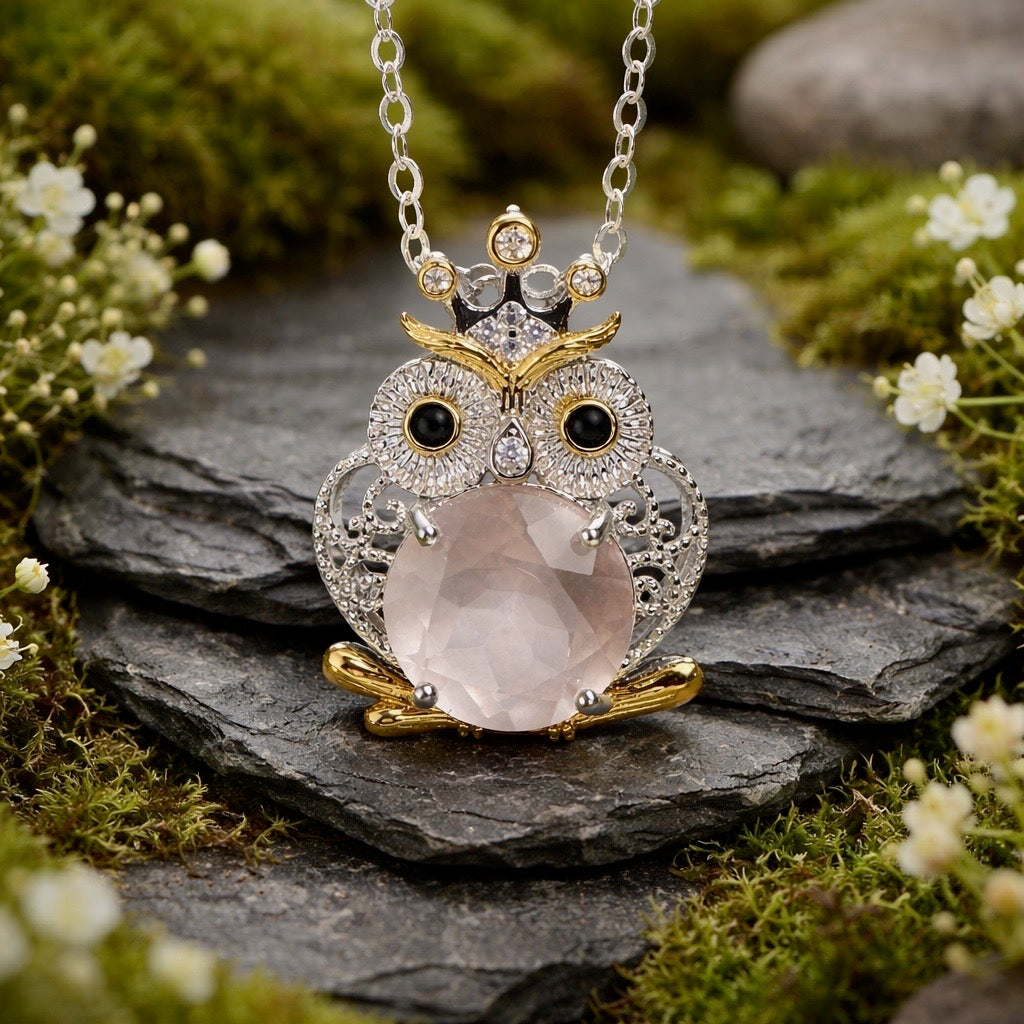 Owl Pendant with Rose Quartz Gemstone • 925 Sterling Silver • Gift Box