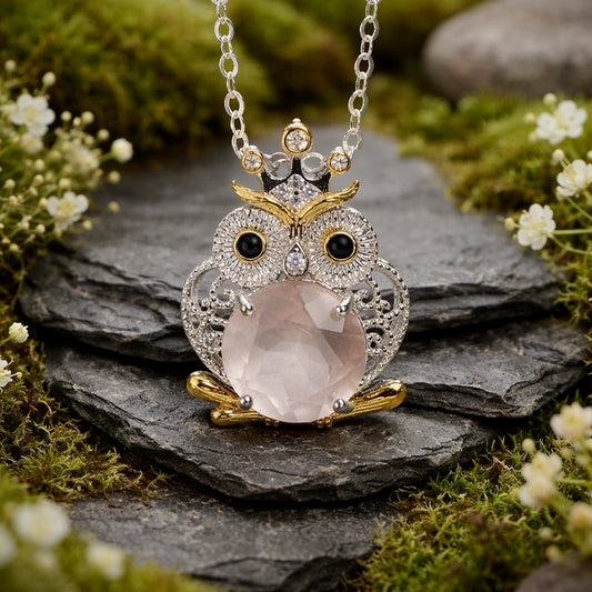 Owl Pendant with Rose Quartz Gemstone • 925 Sterling Silver • Gift Box