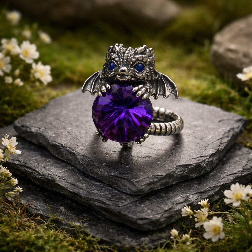 Baby Dragon Ring with Faceted Amethyst Gemstone • Adjustable • Gift Box