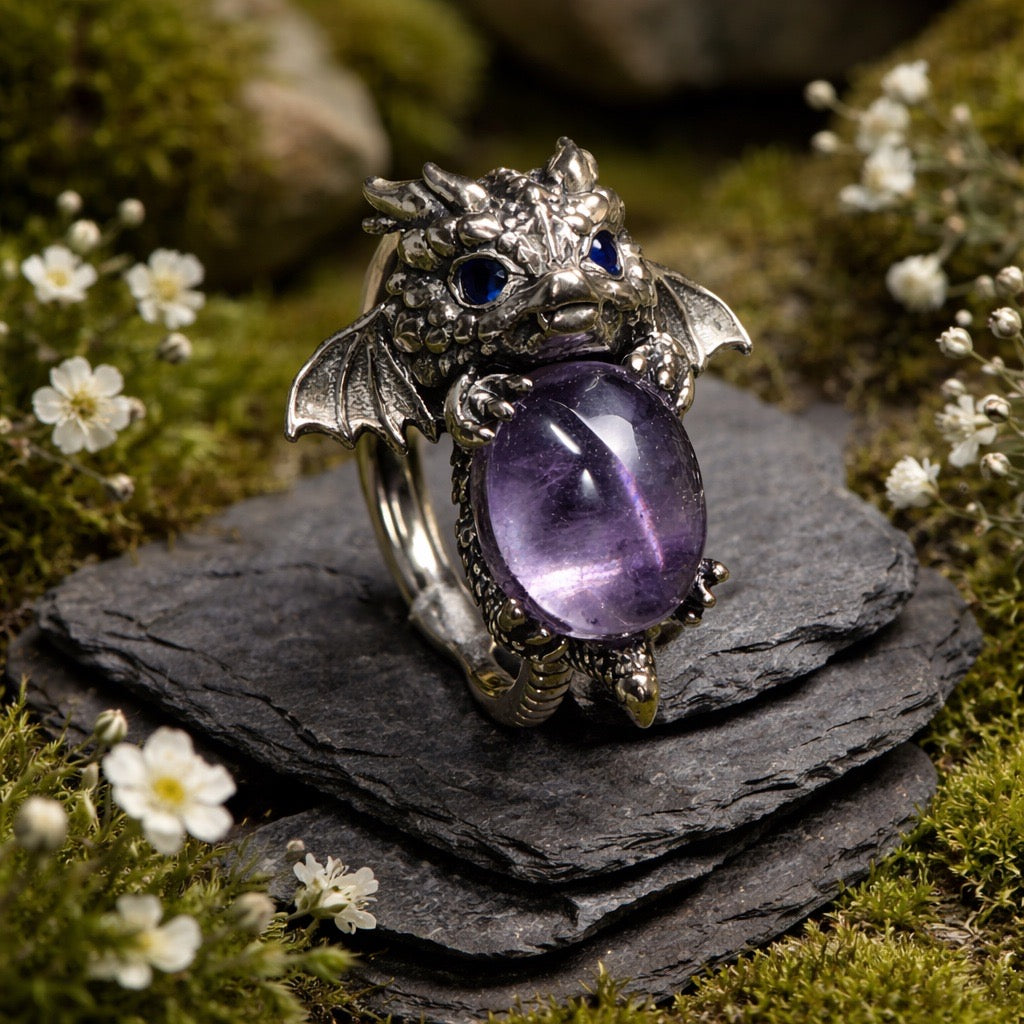 925 Silver Amethyst Ring • Baby Dragon Design • Adjustable • Giftbox