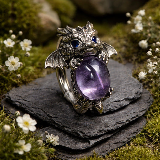 925 Silver Amethyst Ring • Baby Dragon Design • Adjustable • Giftbox