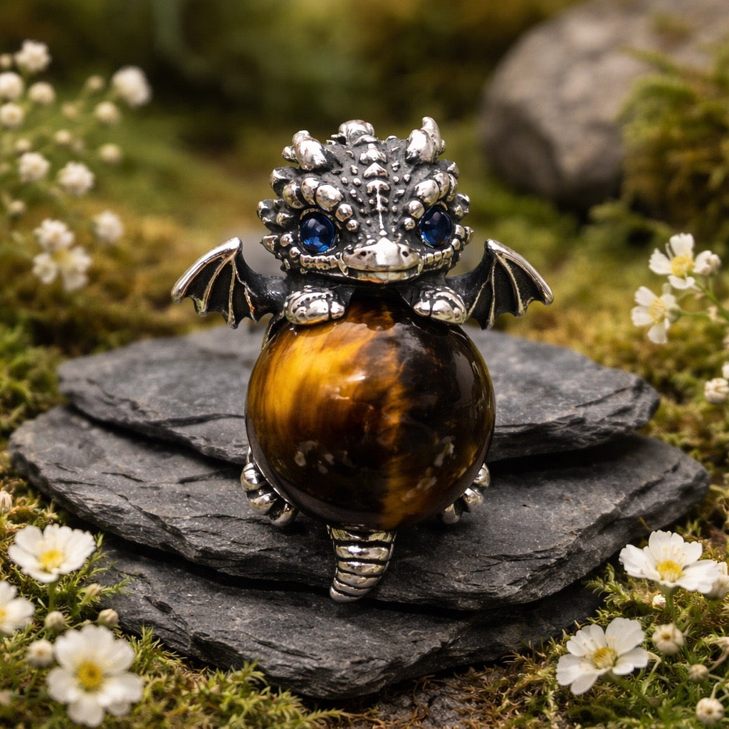 Baby Dragon Pendant with Tigers Eye Gemstone • 925 Sterling Silver • Gift box