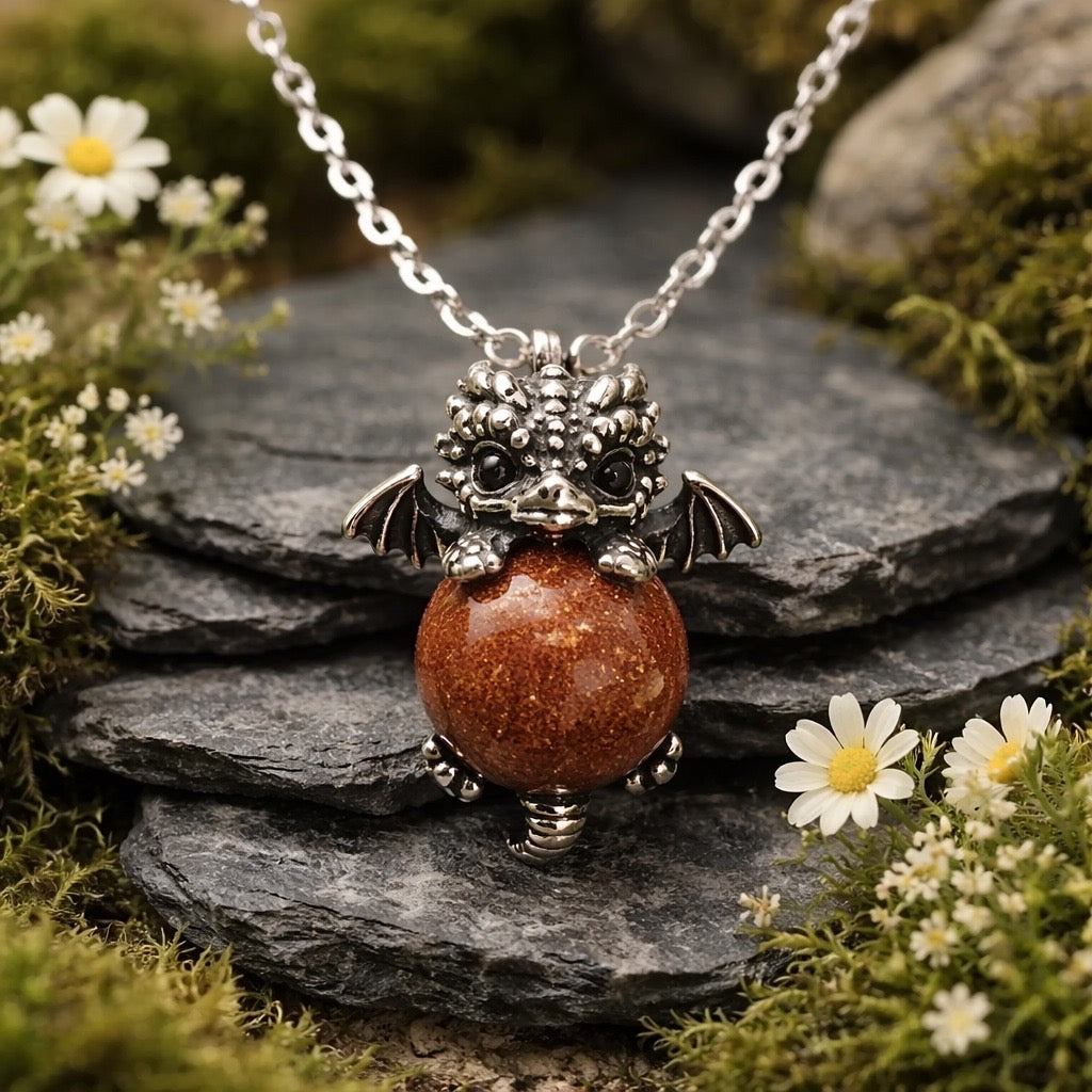 Baby Dragon Pendant with Red Goldstone • 925 Sterling Silver • Gift box