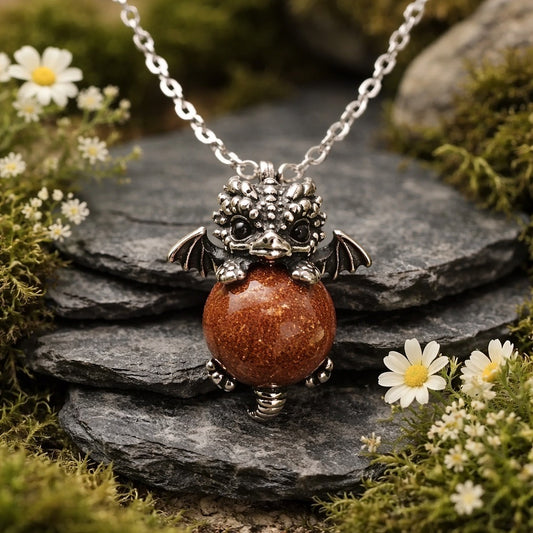 Baby Dragon Pendant with Red Goldstone • 925 Sterling Silver • Gift box