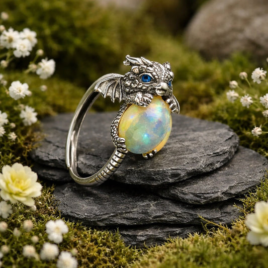 Baby Dragon Ring with Opal Gemstone • 925 Sterling Silver • Adjustable • Gift box