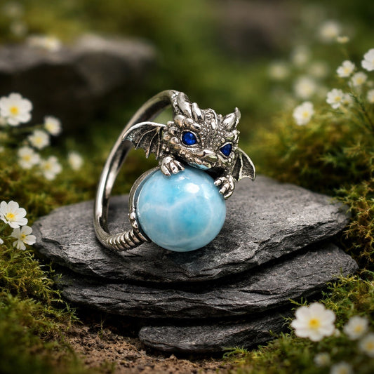 Baby Dragon Ring with Larimar Gemstone • 925 Sterling Silver • Adjustable • Gift box
