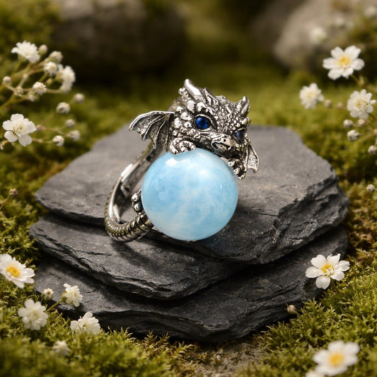 925 Silver Larimar Dragon Ring • Adjustable • Giftbox