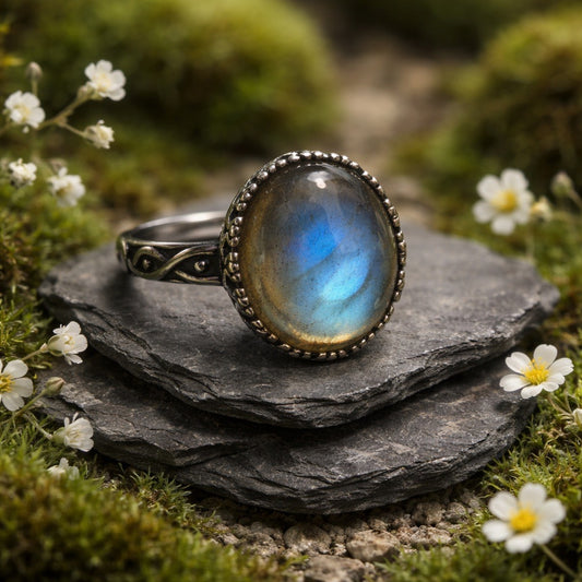 Chunky Labradorite Ring • 925 Sterling Silver • Adjustable • Gift box