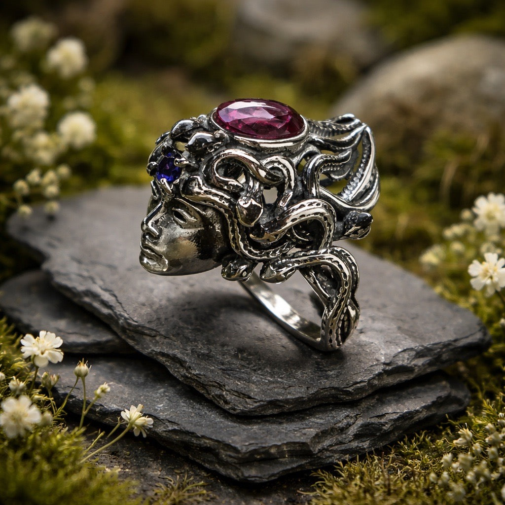 Mythical Medusa Ring with Pink Topaz & Amethyst Gemstones • 925 Sterling Silver • Adjustable • Gift box