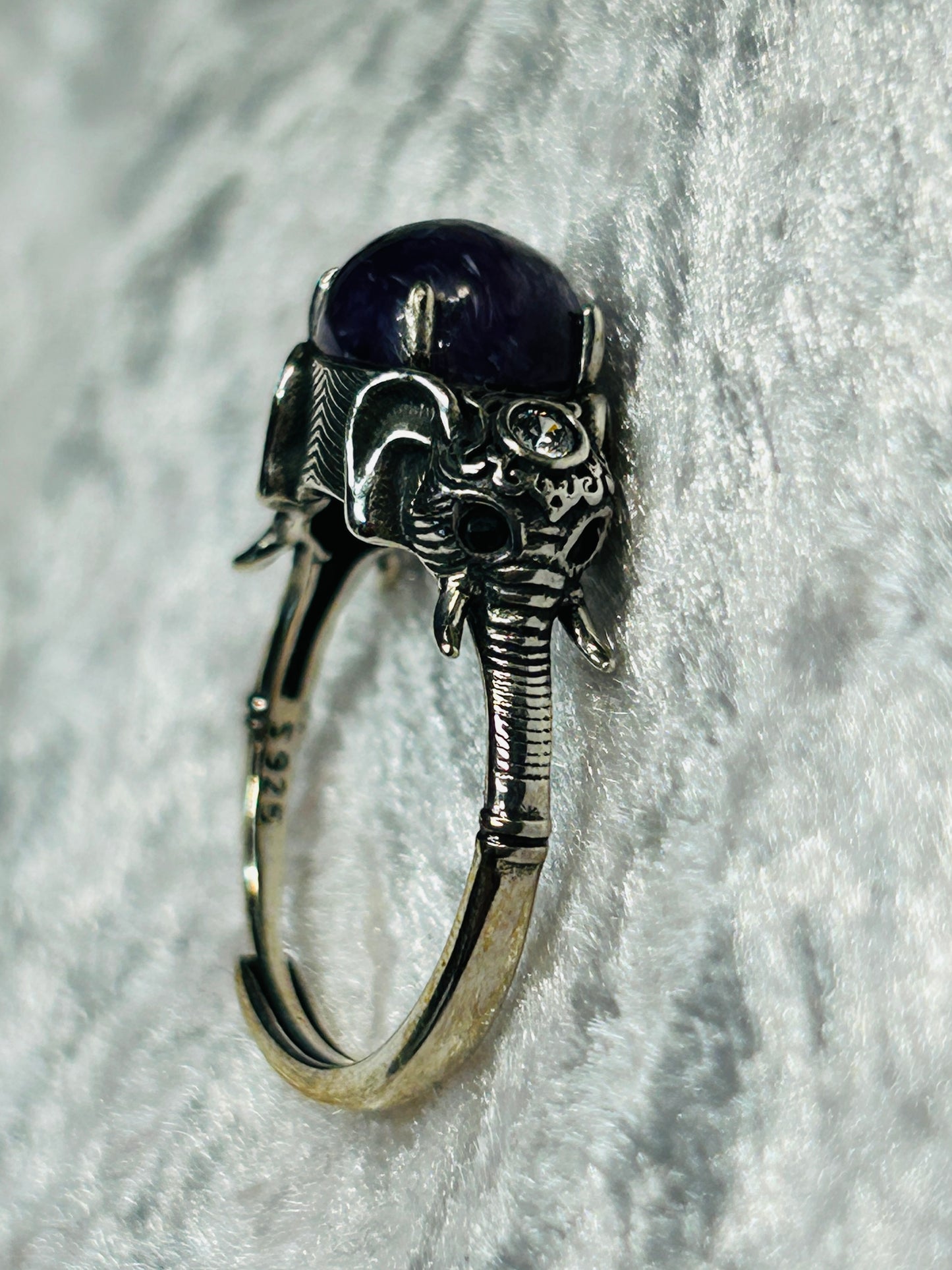Elephant Ring with Charoite Gemstone • 925 Sterling Silver • Adjustable • Gift Box