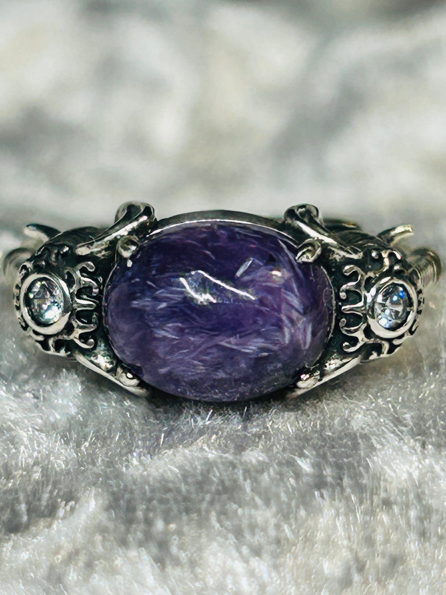 Elephant Ring with Charoite Gemstone • 925 Sterling Silver • Adjustable • Gift Box