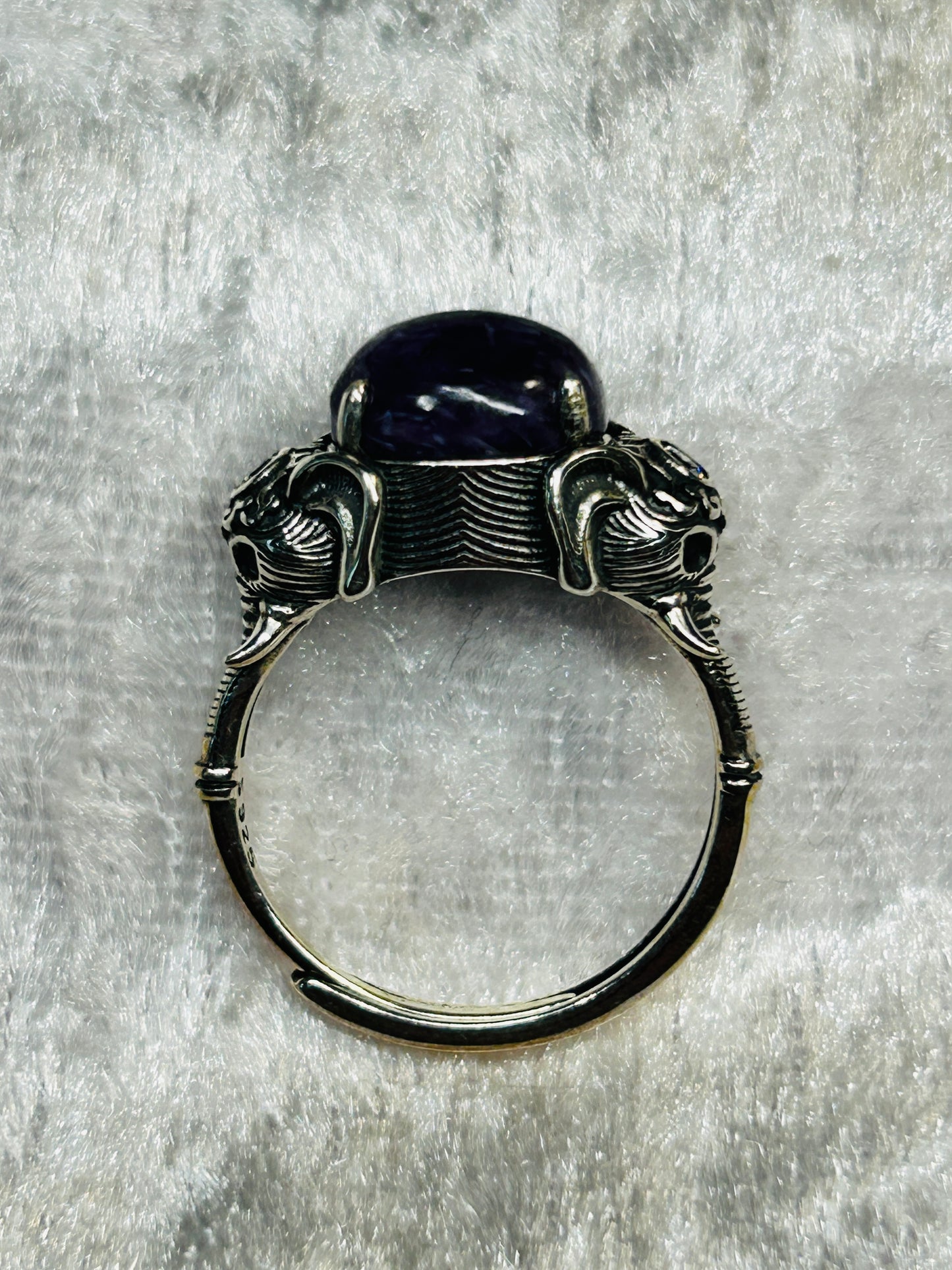 Elephant Ring with Charoite Gemstone • 925 Sterling Silver • Adjustable • Gift Box
