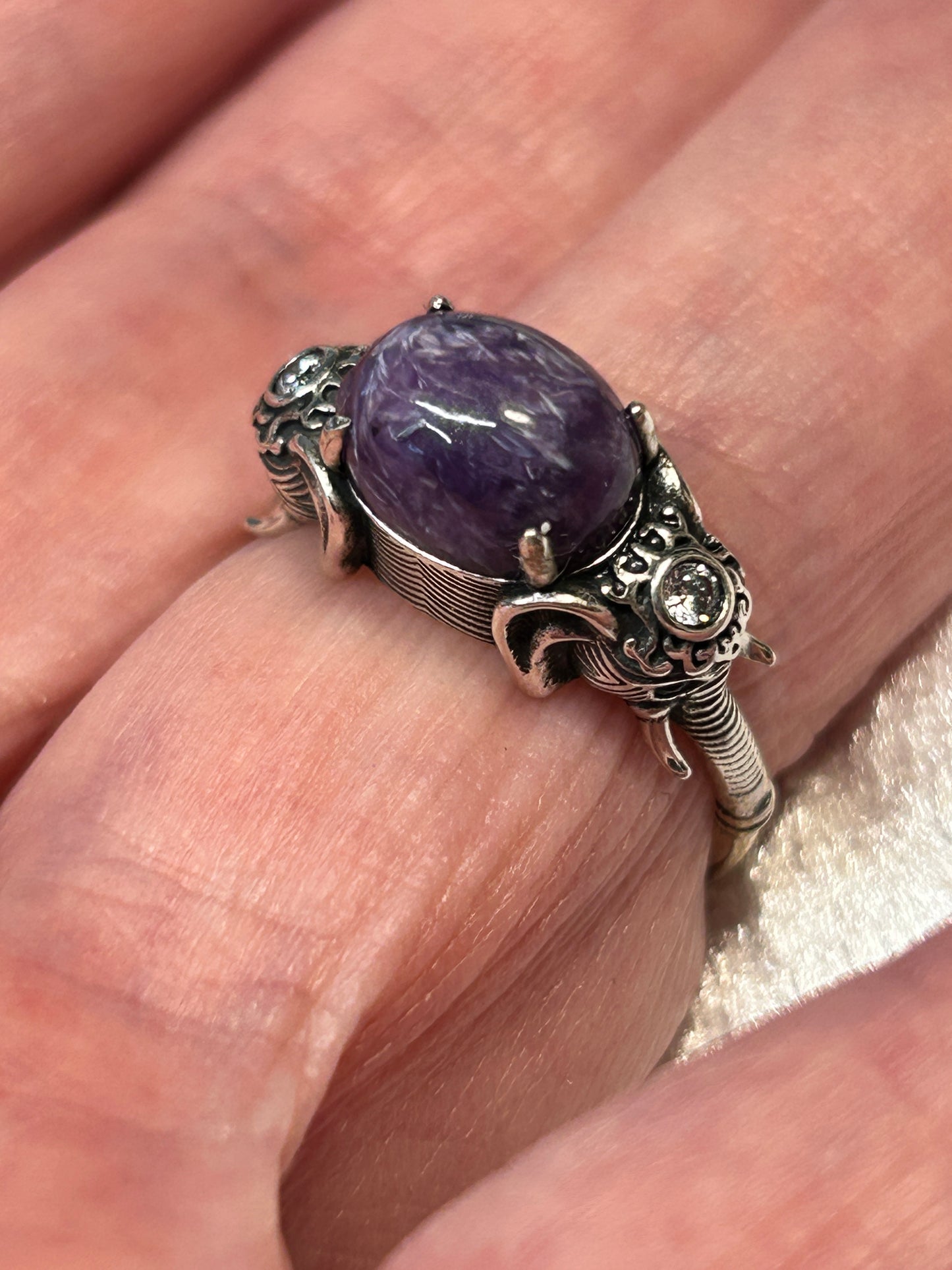 Elephant Ring with Charoite Gemstone • 925 Sterling Silver • Adjustable • Gift Box
