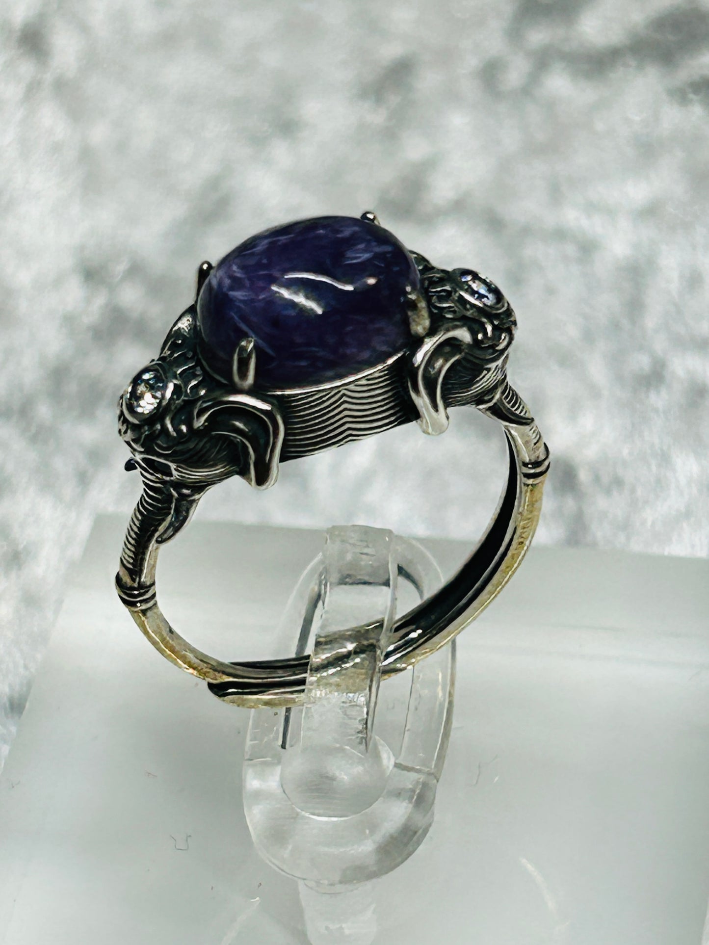 Elephant Ring with Charoite Gemstone • 925 Sterling Silver • Adjustable • Gift Box