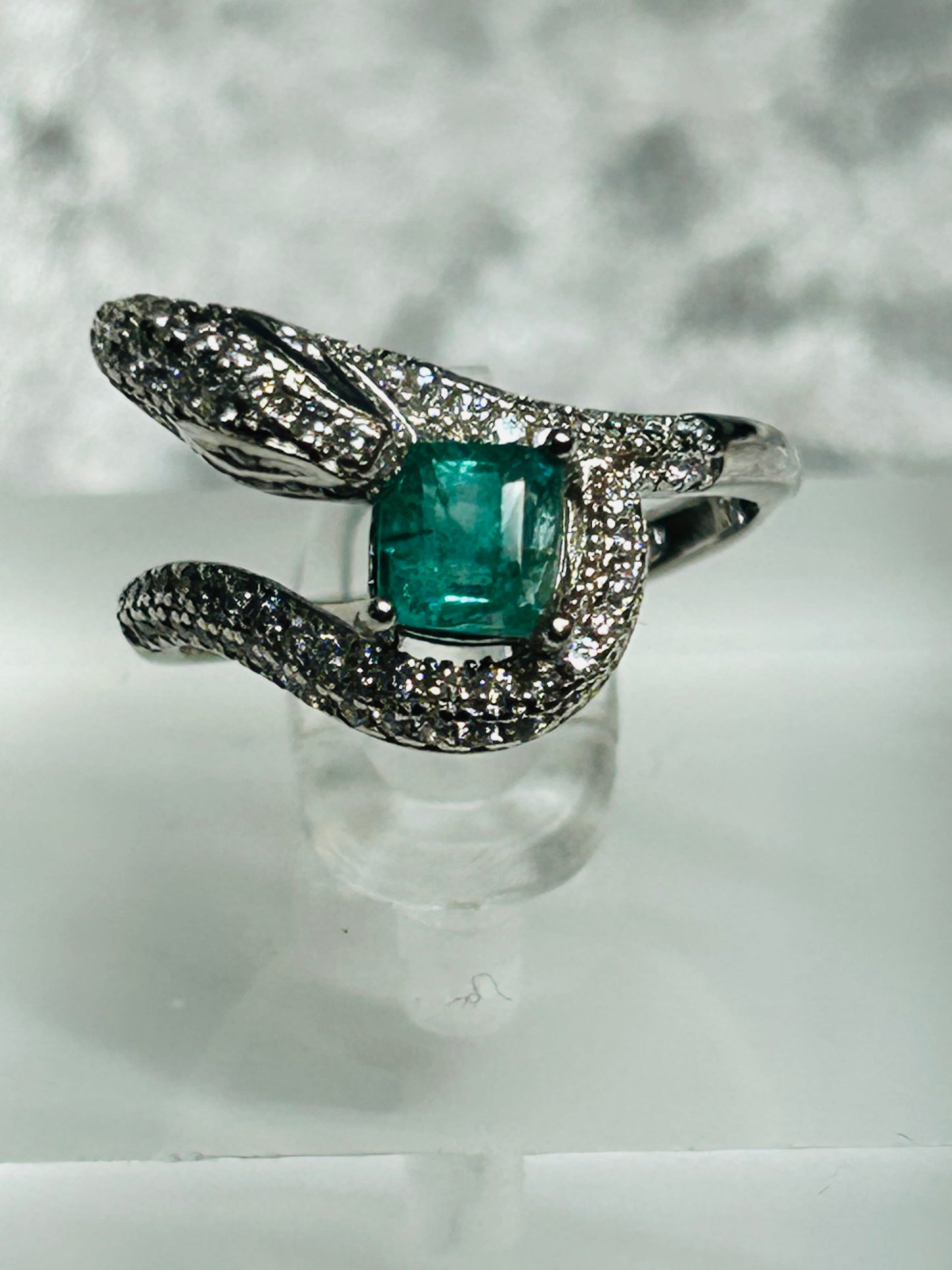 Snake Ring with Faceted Emerald Gemstone & Pave CZ Accents • 925 Sterling Silver • Adjustable • Gift Box