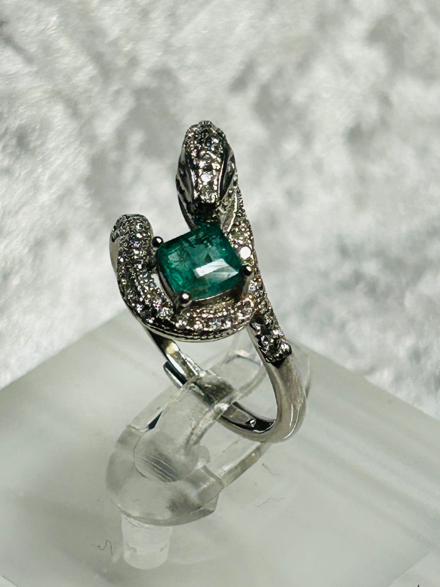 Snake Ring with Faceted Emerald Gemstone & Pave CZ Accents • 925 Sterling Silver • Adjustable • Gift Box