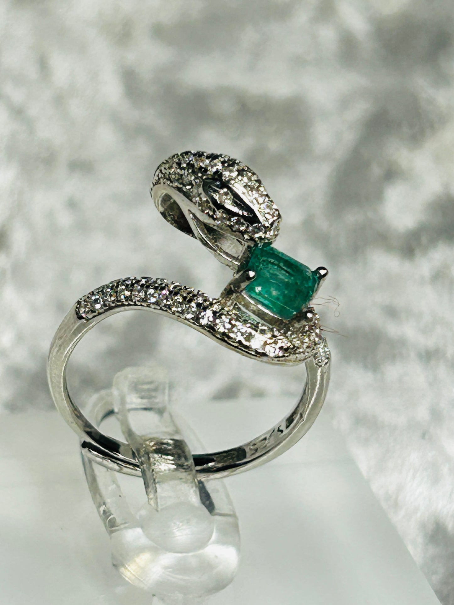 Snake Ring with Faceted Emerald Gemstone & Pave CZ Accents • 925 Sterling Silver • Adjustable • Gift Box