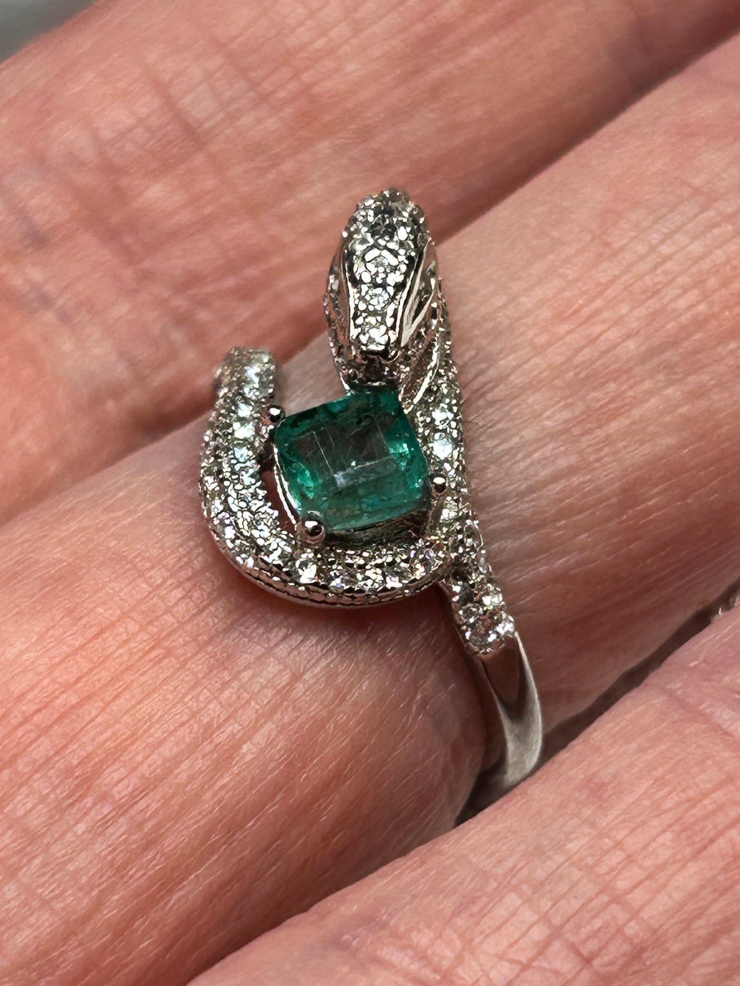 Snake Ring with Faceted Emerald Gemstone & Pave CZ Accents • 925 Sterling Silver • Adjustable • Gift Box