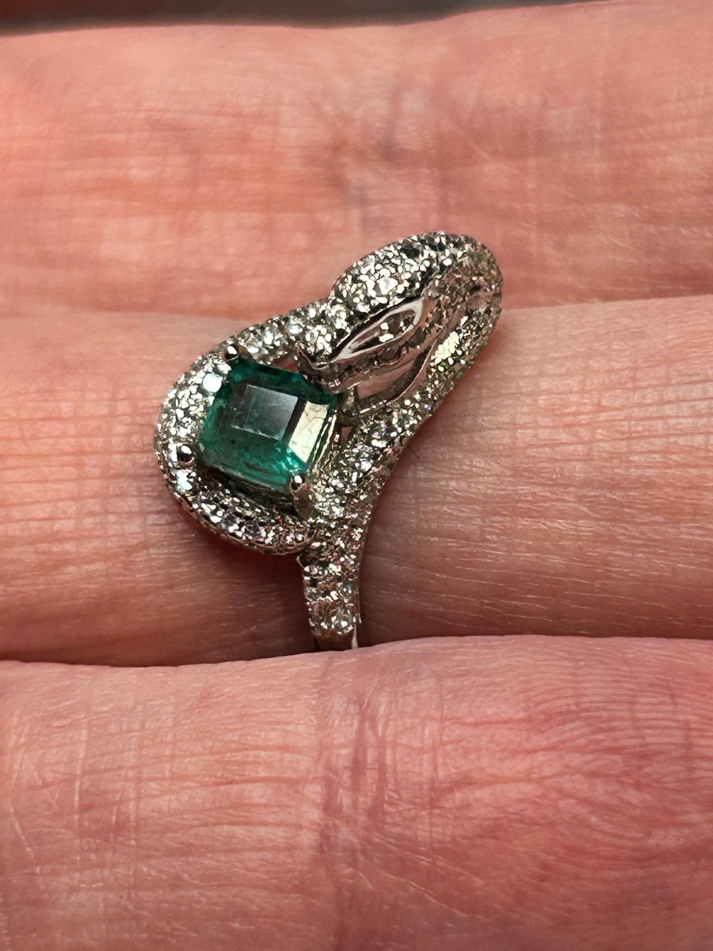 Snake Ring with Faceted Emerald Gemstone & Pave CZ Accents • 925 Sterling Silver • Adjustable • Gift Box