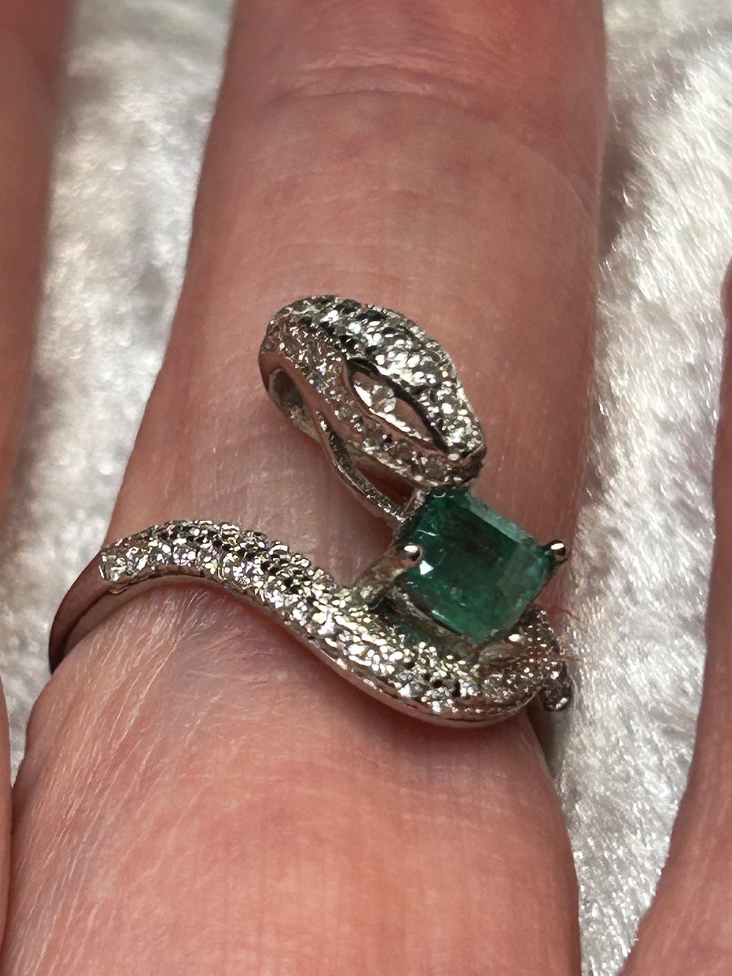 Snake Ring with Faceted Emerald Gemstone & Pave CZ Accents • 925 Sterling Silver • Adjustable • Gift Box
