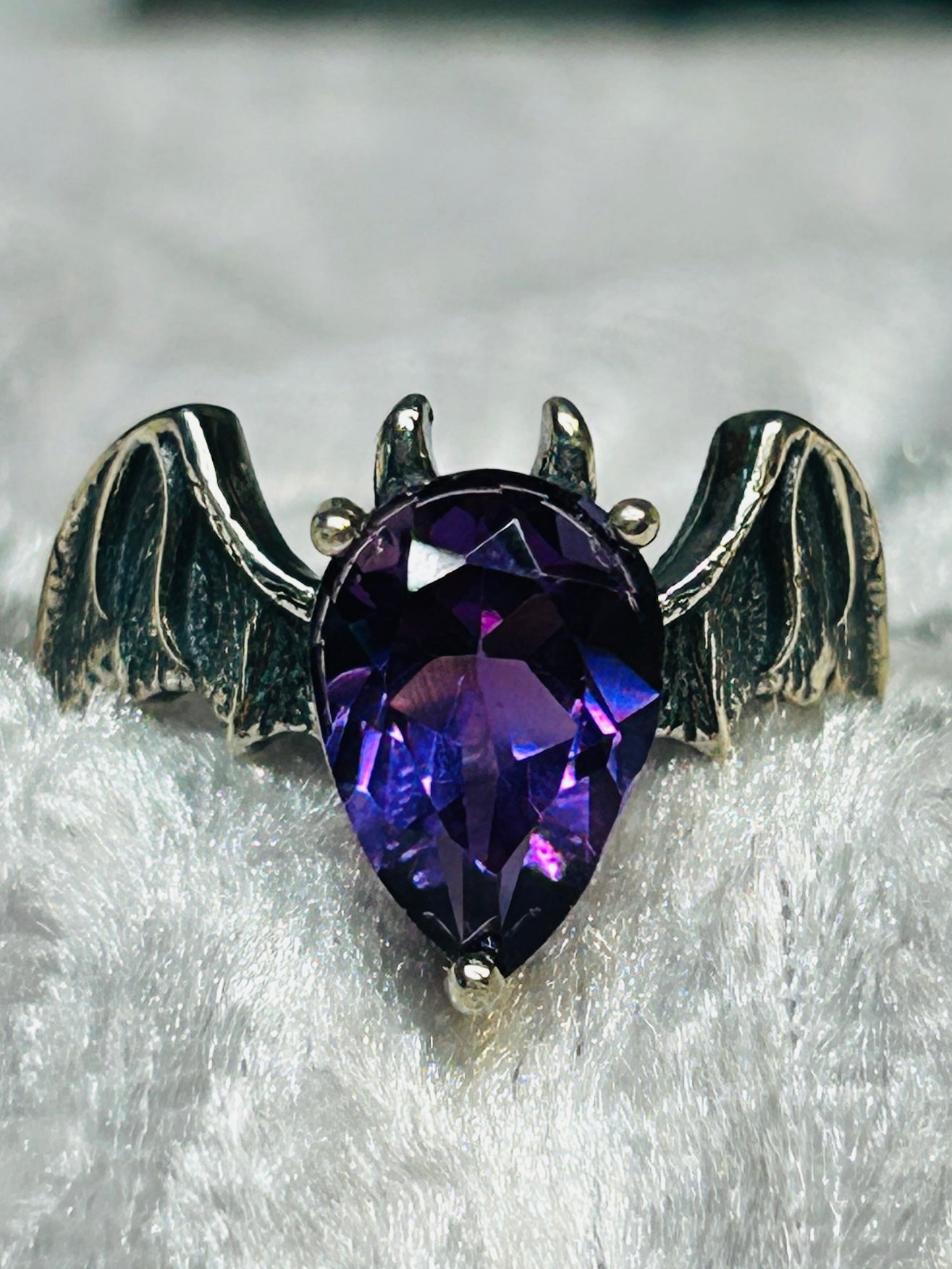 Bat Ring with Faceted Amethyst Teardrop Gemstone • 925 Sterling Silver • Adjustable • Gift Box • Goth Jewellery