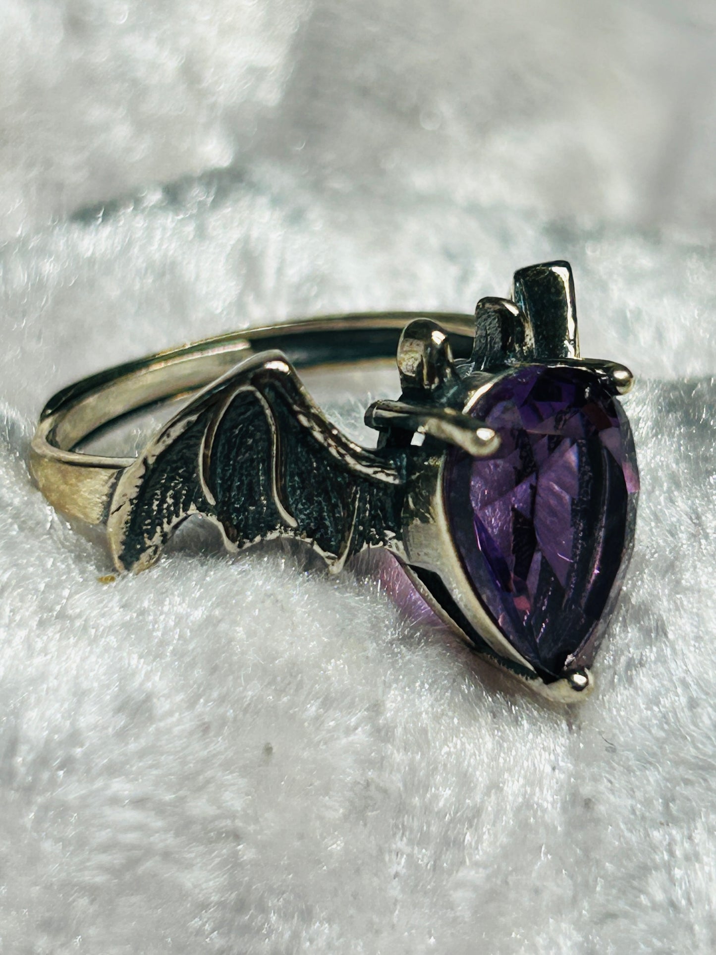 Bat Ring with Faceted Amethyst Teardrop Gemstone • 925 Sterling Silver • Adjustable • Gift Box • Goth Jewellery