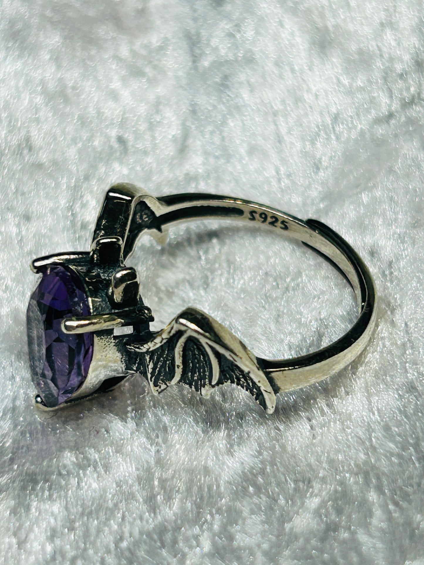 Bat Ring with Faceted Amethyst Teardrop Gemstone • 925 Sterling Silver • Adjustable • Gift Box • Goth Jewellery