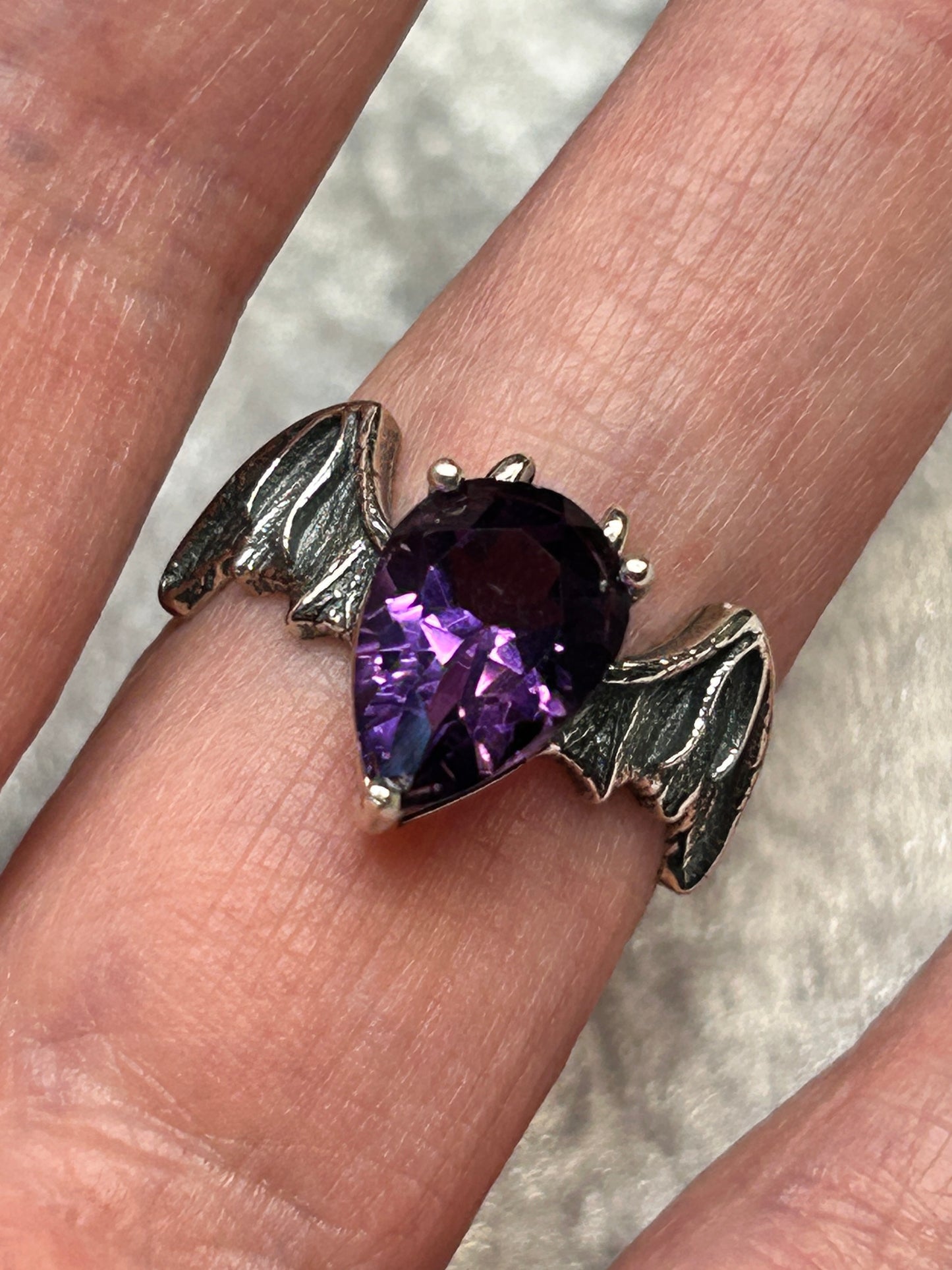 Bat Ring with Faceted Amethyst Teardrop Gemstone • 925 Sterling Silver • Adjustable • Gift Box • Goth Jewellery