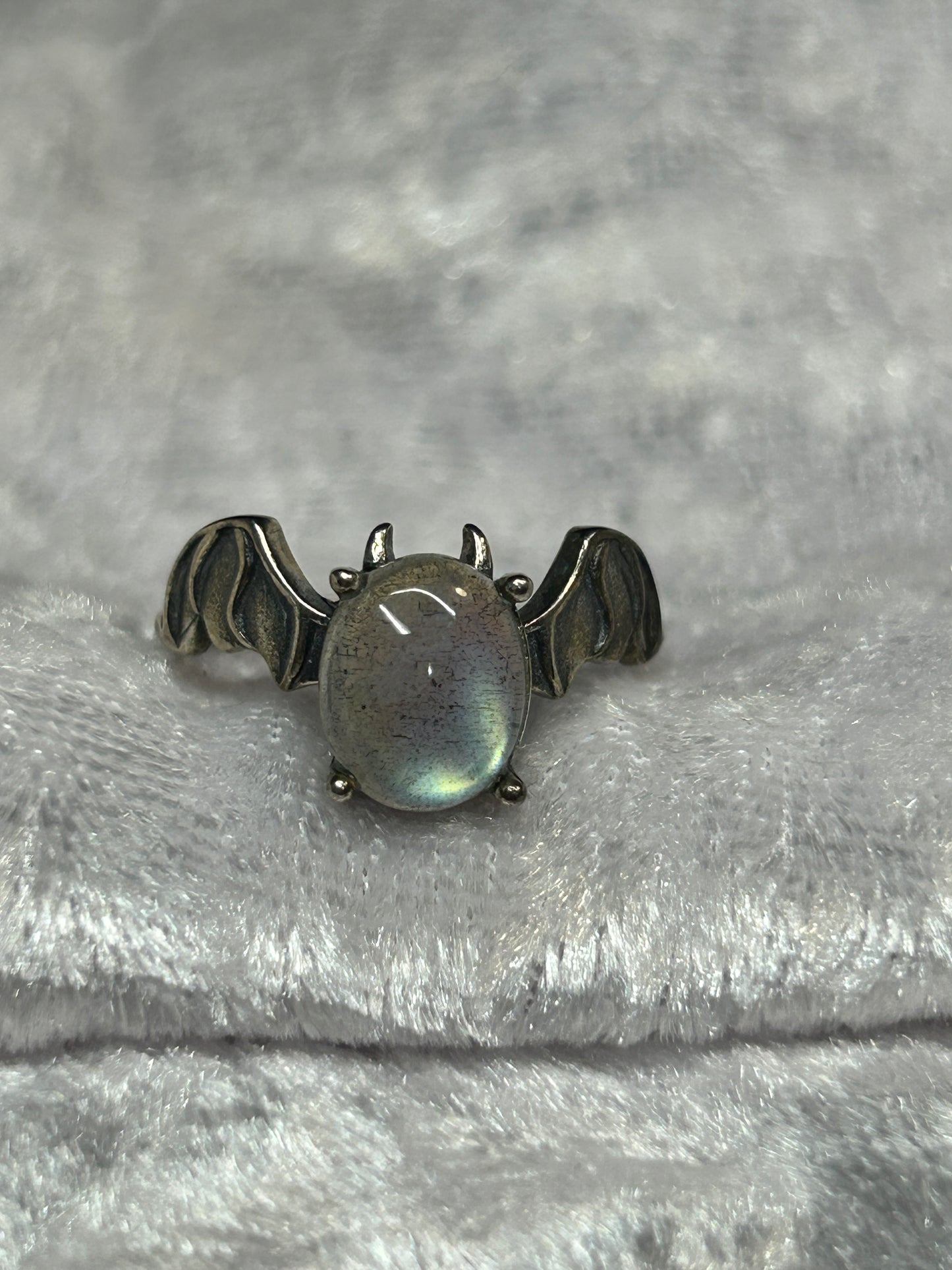 Bat Ring with Labradorite Gemstone • 925 Sterling Silver• Adjustable • Gift Box