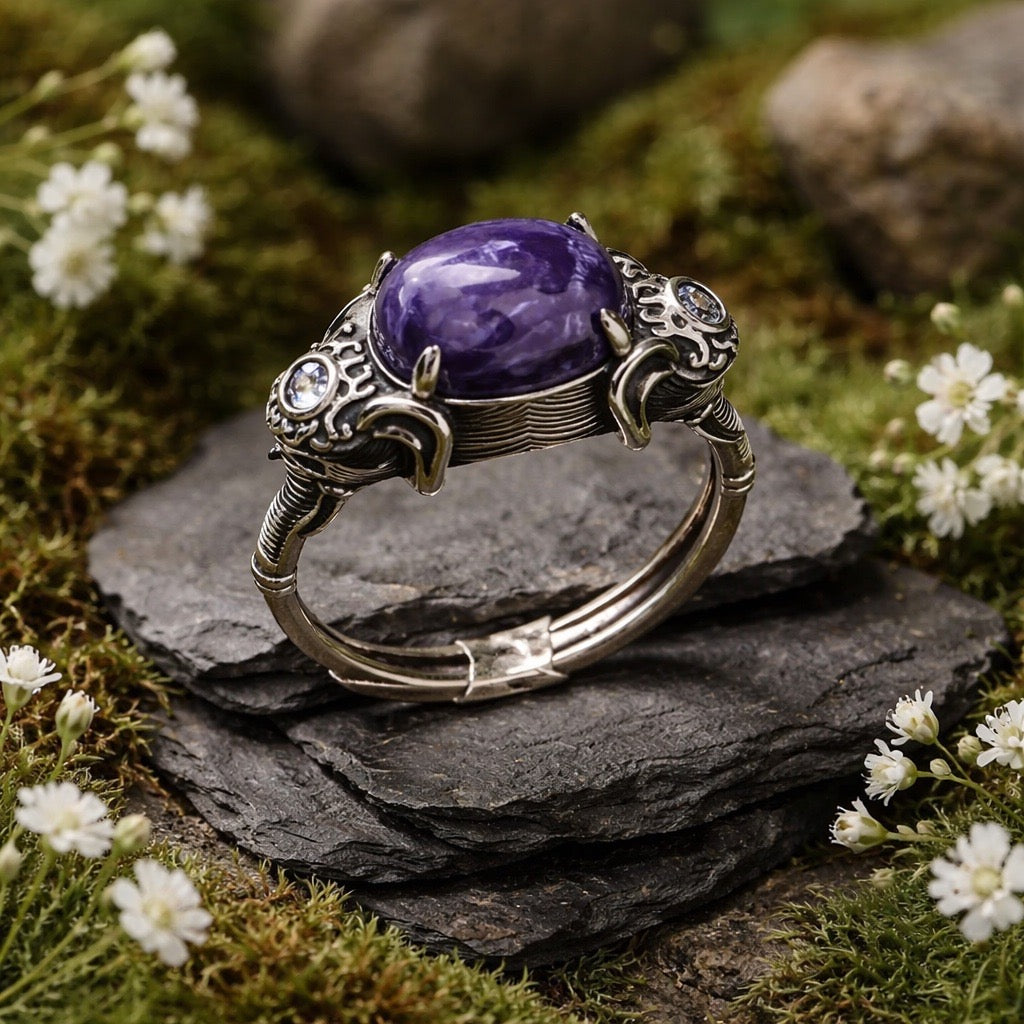 Elephant Ring with Charoite Gemstone • 925 Sterling Silver • Adjustable • Gift Box