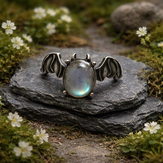 Bat Ring with Labradorite Gemstone • 925 Sterling Silver• Adjustable • Gift Box