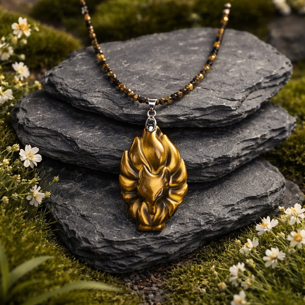 Nine Tailed Fox Necklace • Tigers Eye Gemstone Jewellery • Gift Box