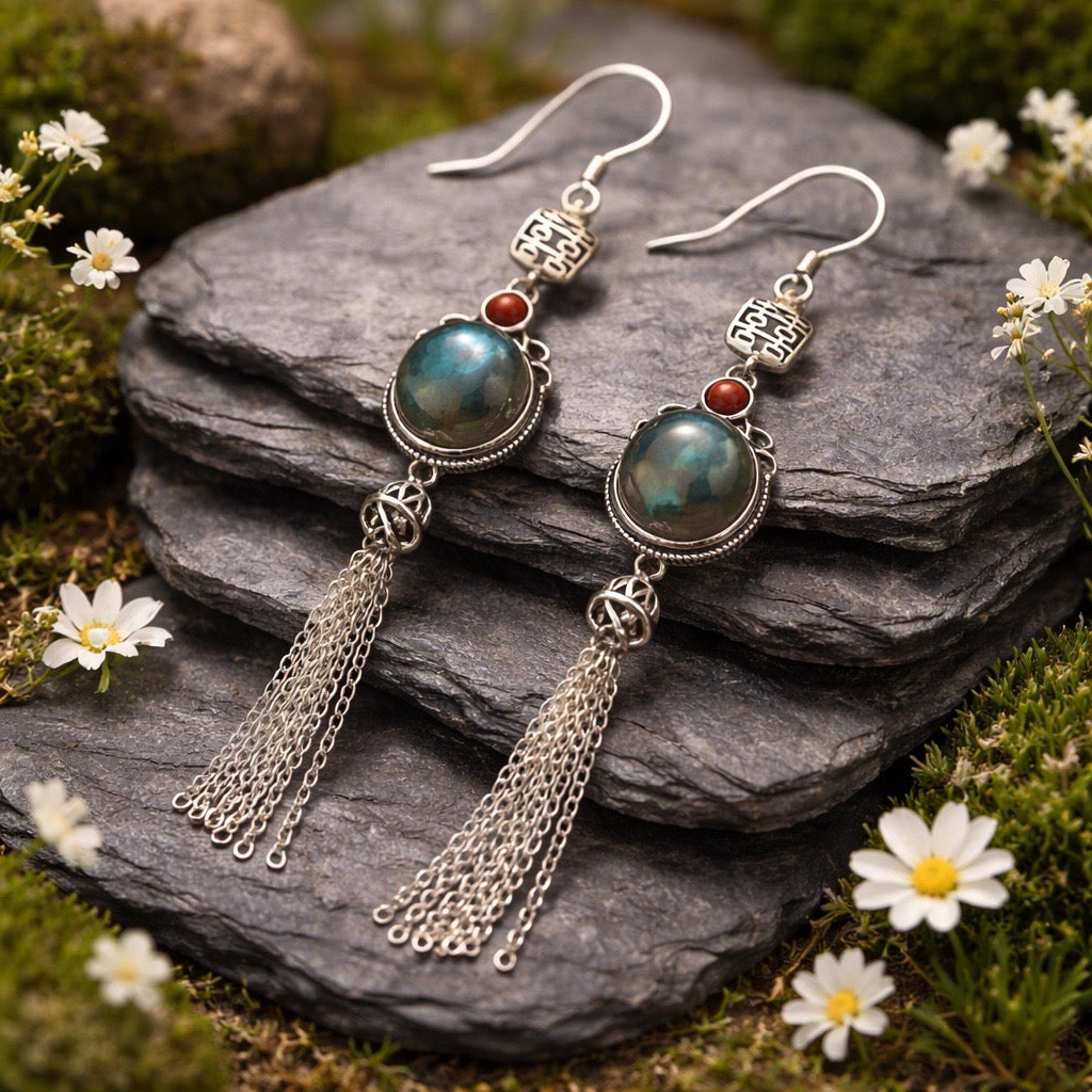 Labradorite Earrings with Tassel Chain Droppers • 925 Sterling Silver • Gift Box