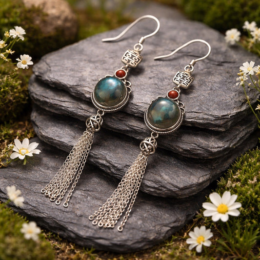 Labradorite Earrings with Tassel Chain Droppers • 925 Sterling Silver • Gift Box