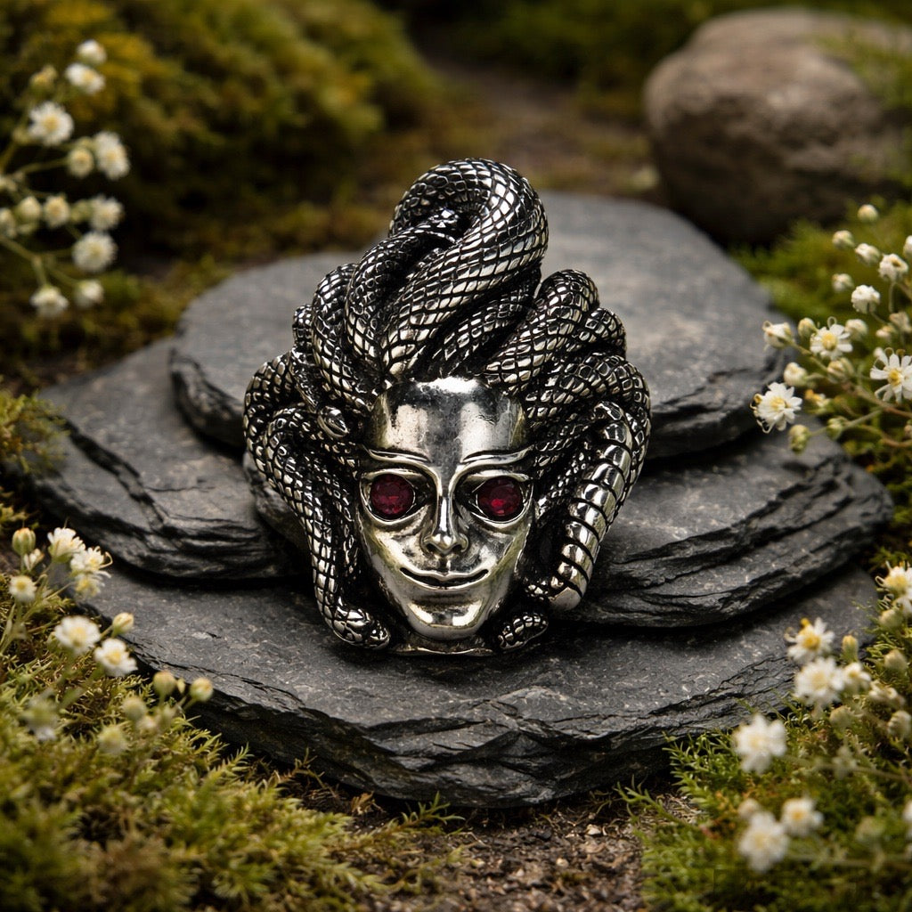Medusa Pendant with Garnet Gemstones • 925 Sterling Silver • Gift Box