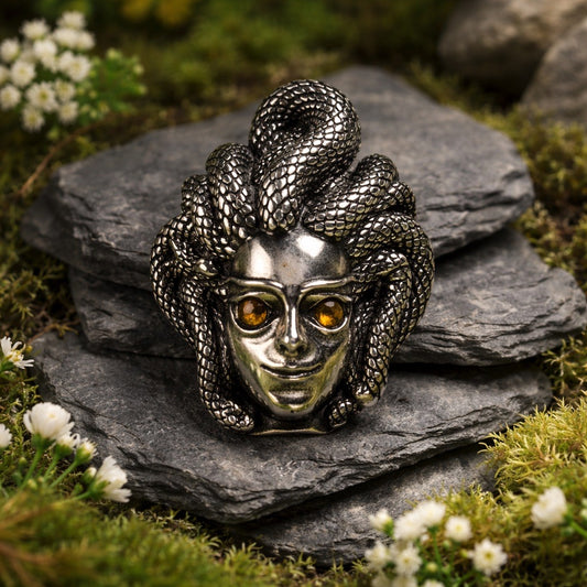 Medusa Pendant with Citrine Gemstones • 925 Sterling Silver • Gift Box