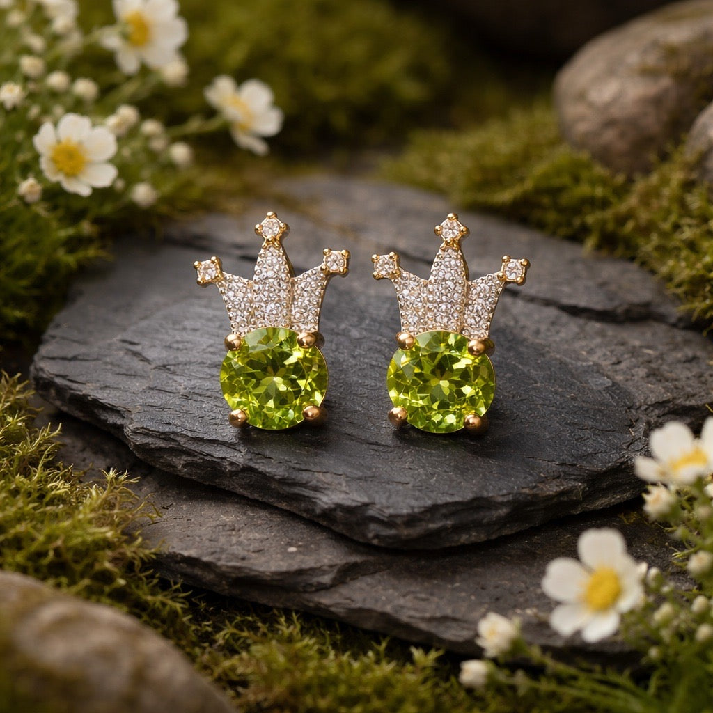 Crown Earrings with Peridot Gemstones • 925 Sterling Silver Studs • CZ Accents • Gift Box