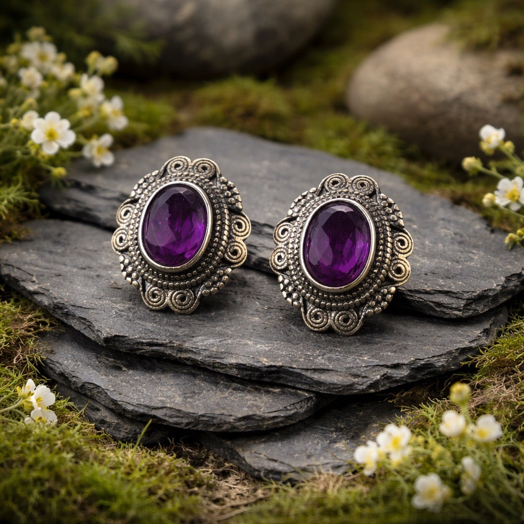 Pretty Amethyst Earrings • 925 Sterling Silver Studs • Gift Box