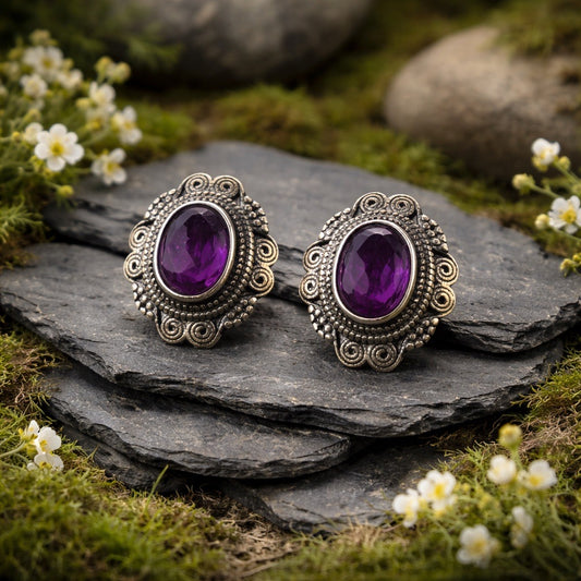 Pretty Amethyst Earrings • 925 Sterling Silver Studs • Gift Box