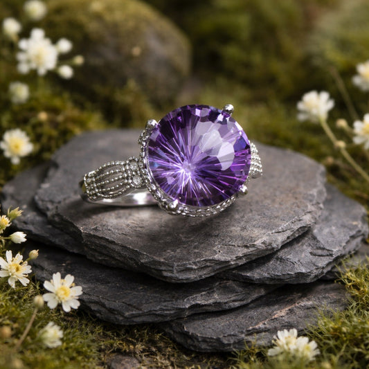 Chunky Amethyst Ring • Checkerboard Cut Gemstone • 925 Sterling Silver • Adjustable • Gift Box