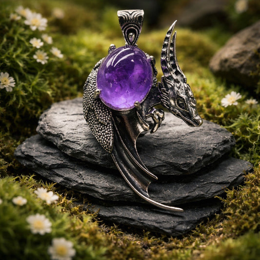Large Dragon Pendant with Amethyst Gemstone • 925 Sterling Silver • Black Spinel Eyes • Gift box