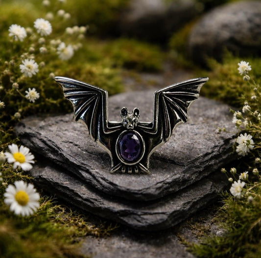 Large Gothic Bat Ring with Faceted Amethyst Gemstone • 925 Sterling Silver • Adjustable • Gift Box