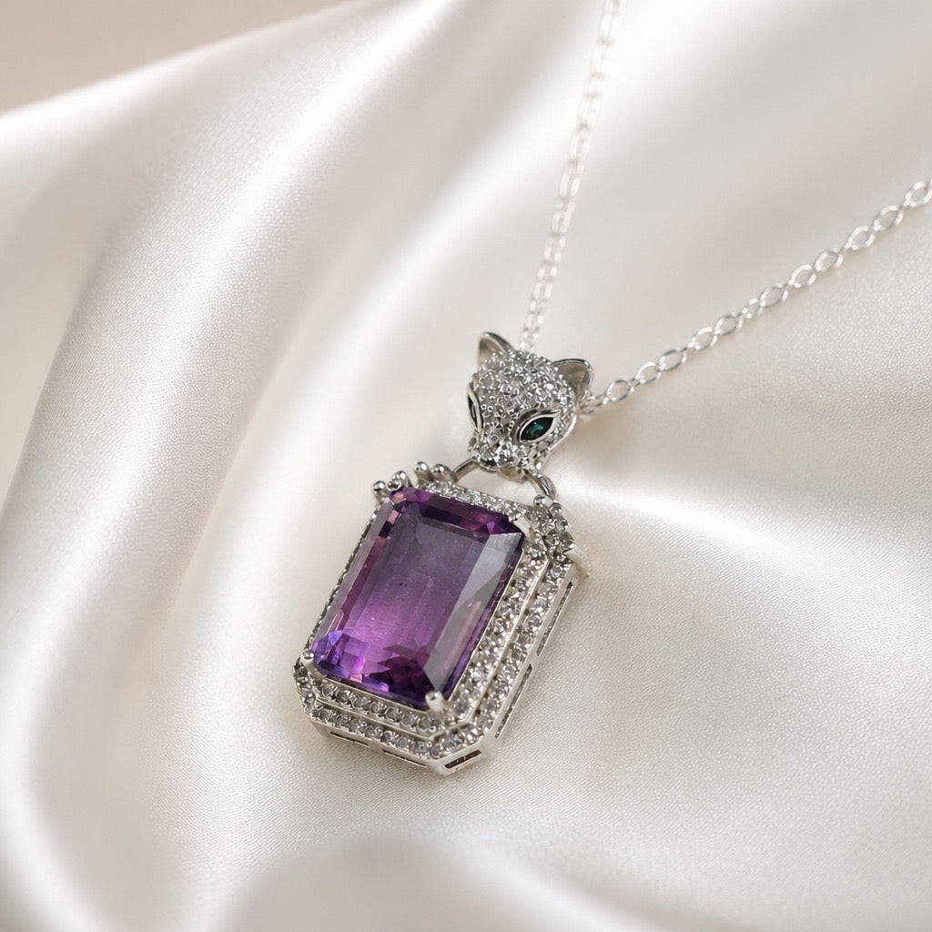 Crystal Encrusted Leopard Pendant with Amethyst Gemstone • 925 Sterling Silver • CZ Accents • Gift Box