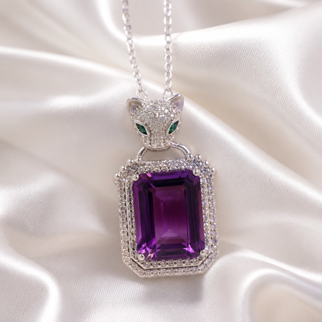 Crystal Encrusted Leopard Pendant with Amethyst Gemstone • 925 Sterling Silver • CZ Accents • Gift Box