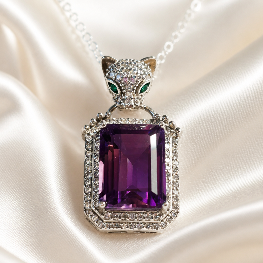 Crystal Encrusted Leopard Pendant with Amethyst Gemstone • 925 Sterling Silver • CZ Accents • Gift Box