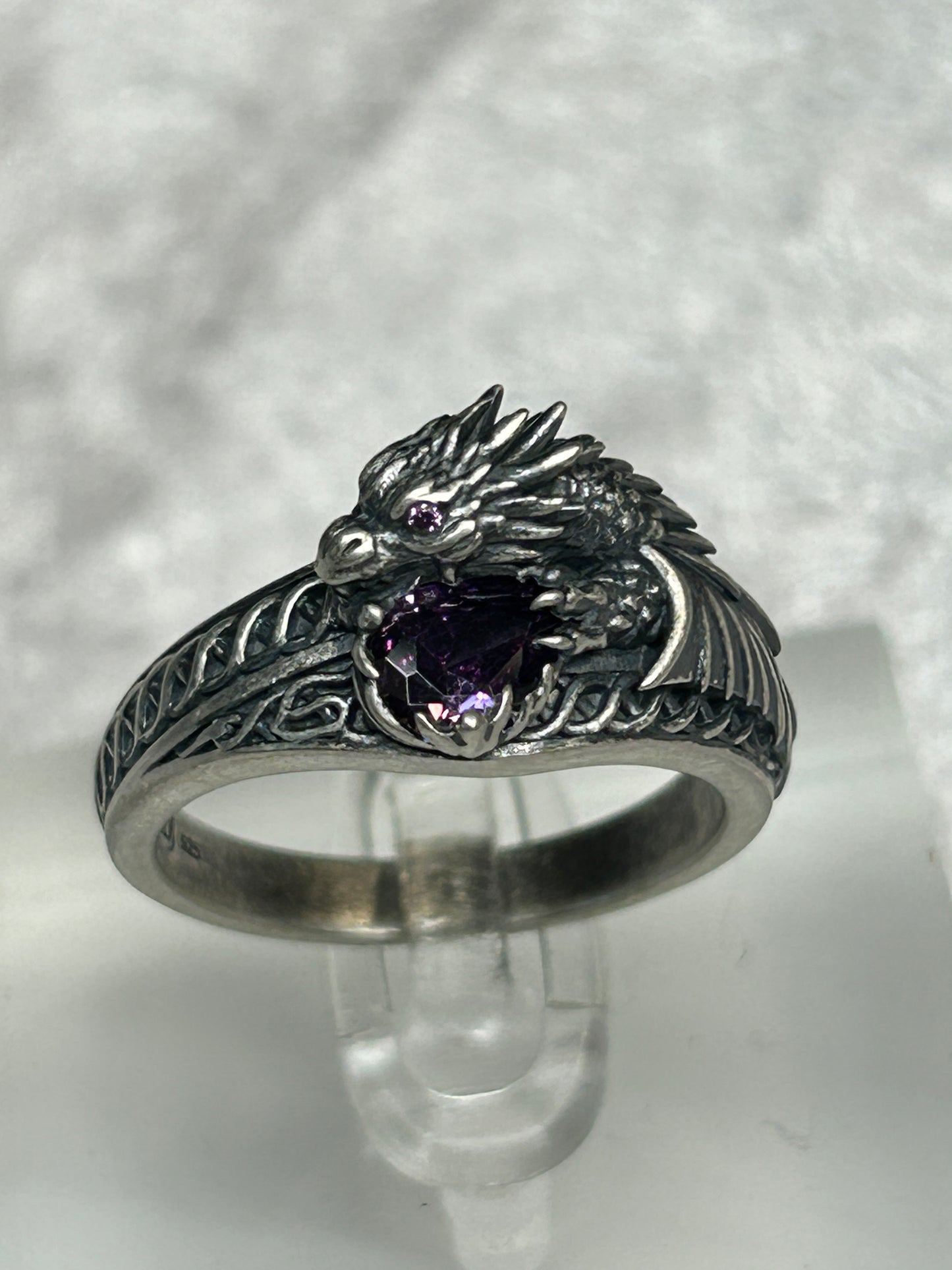 Celtic Dragon Ring with Dark Purple CZ • 925 Sterling Silver with Gift Box
