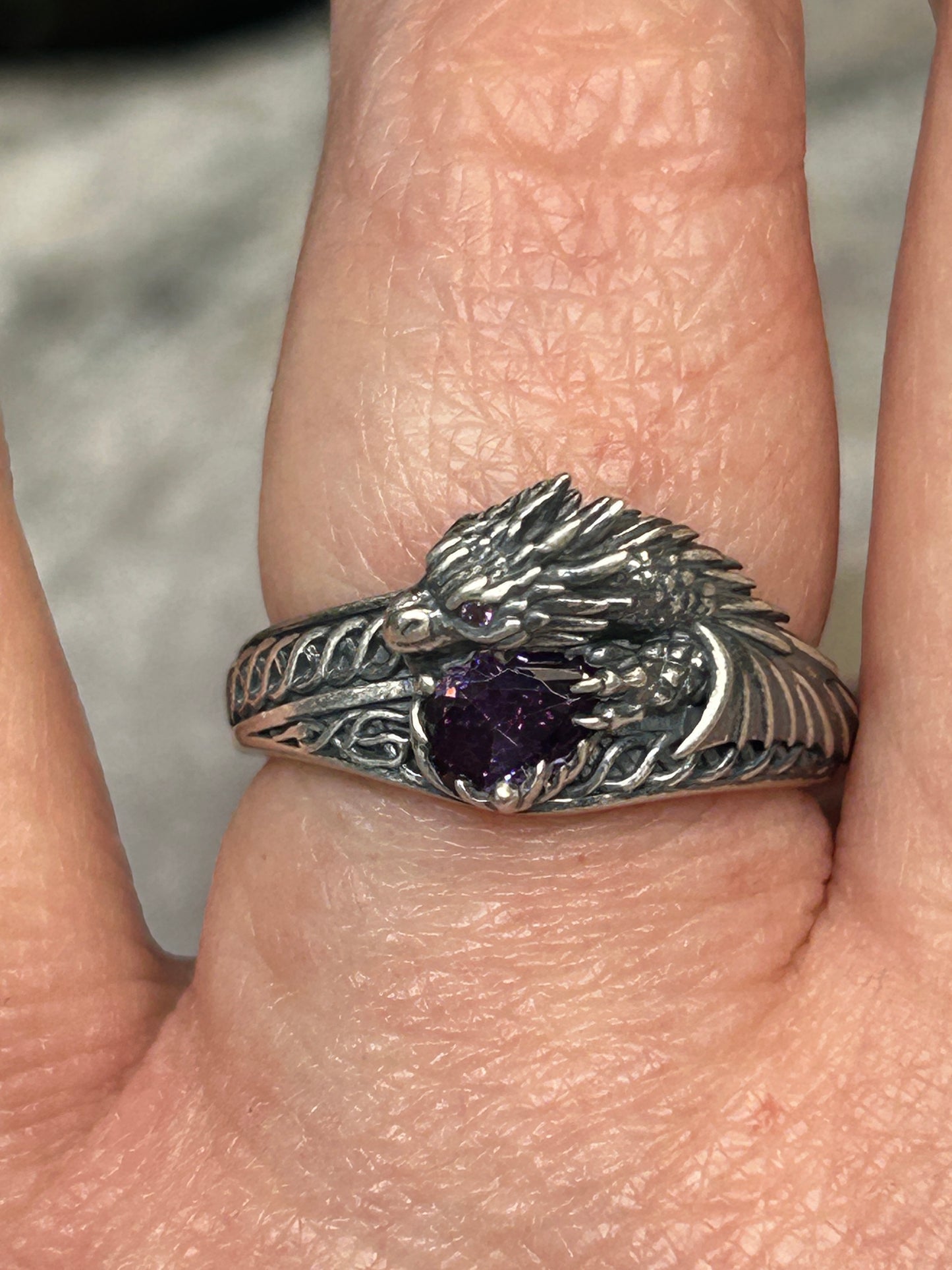 Celtic Dragon Ring with Dark Purple CZ • 925 Sterling Silver with Gift Box