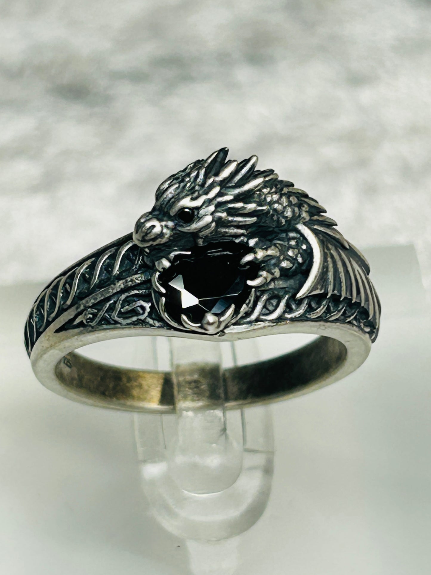 Celtic Dragon Ring with Jet Black CZ • 925 Sterling Silver with Gift Box